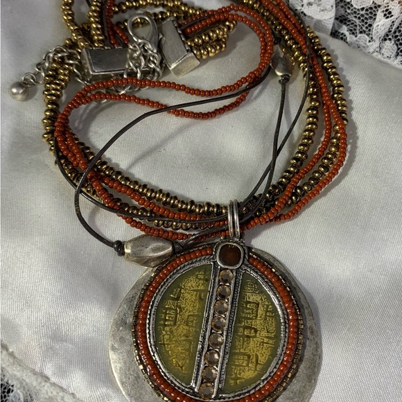 Chico's Red Rust and Gold Multi Strand Rhinestone Pendant Necklace - Picture 4 of 4
